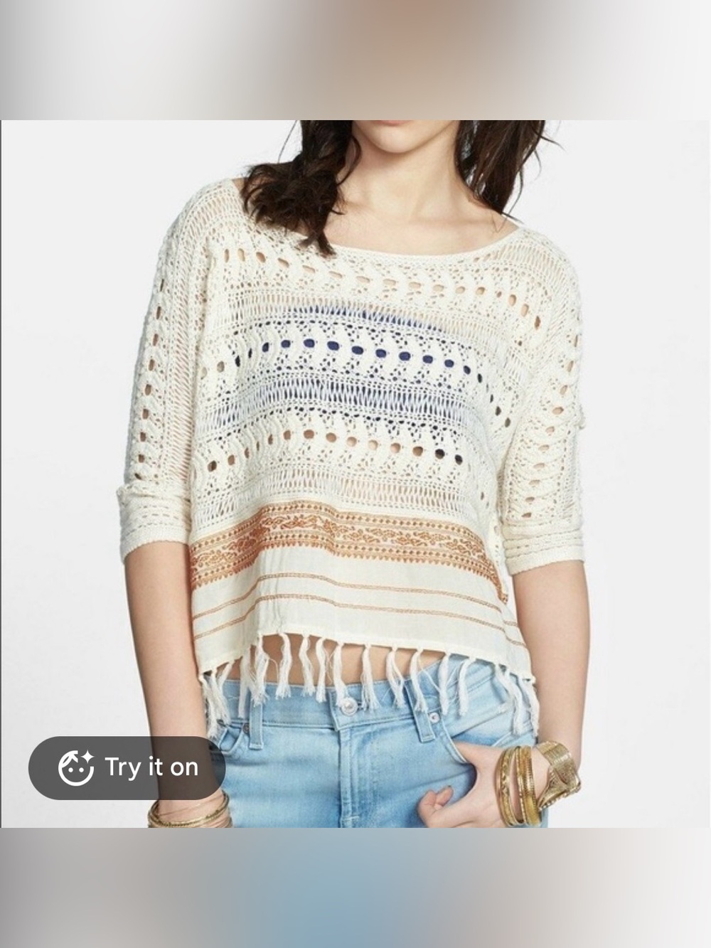 Free People Crochet Fringe Cream Sweater